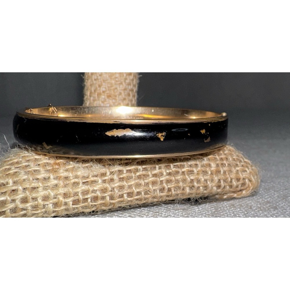Vtg 10k Gold Filled Black Enamel Hinged Bangle Dunn Bros Floral Bracelet 15g - Picture 11 of 15